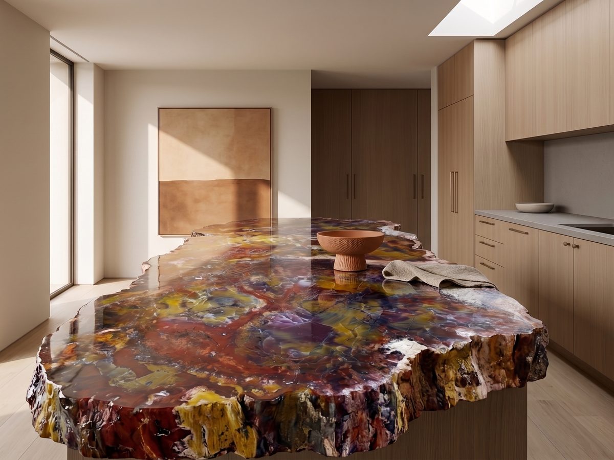 Petrified wood slab as a kitchen island countertop — concept
