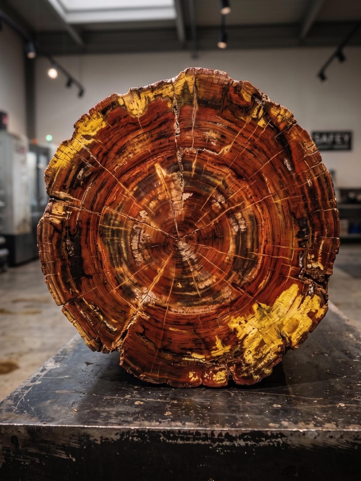Petrified wood cross-section end face showing 220-million-year ring structure