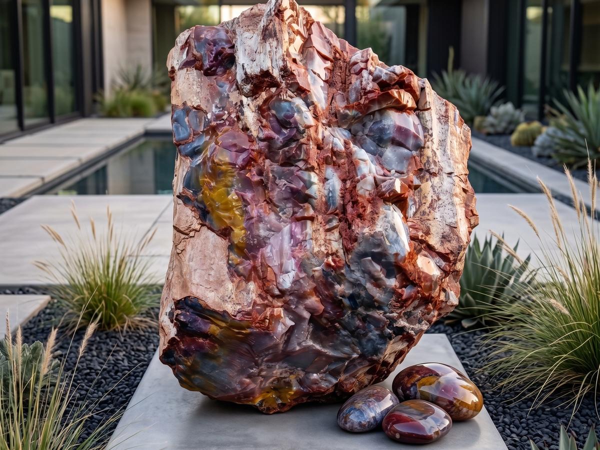 Petrified wood boulder as focal point in upscale courtyard — concept