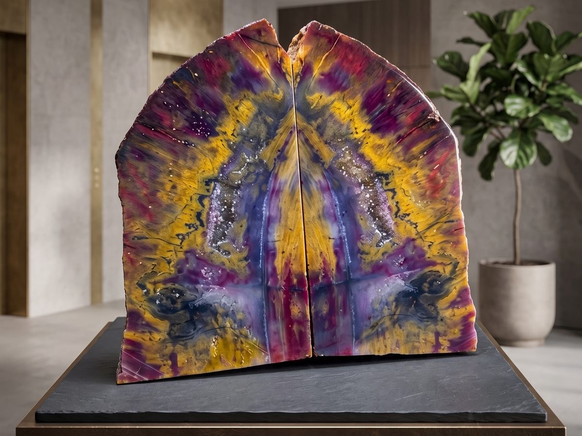 Petrified wood statement piece in luxury hotel lobby — concept