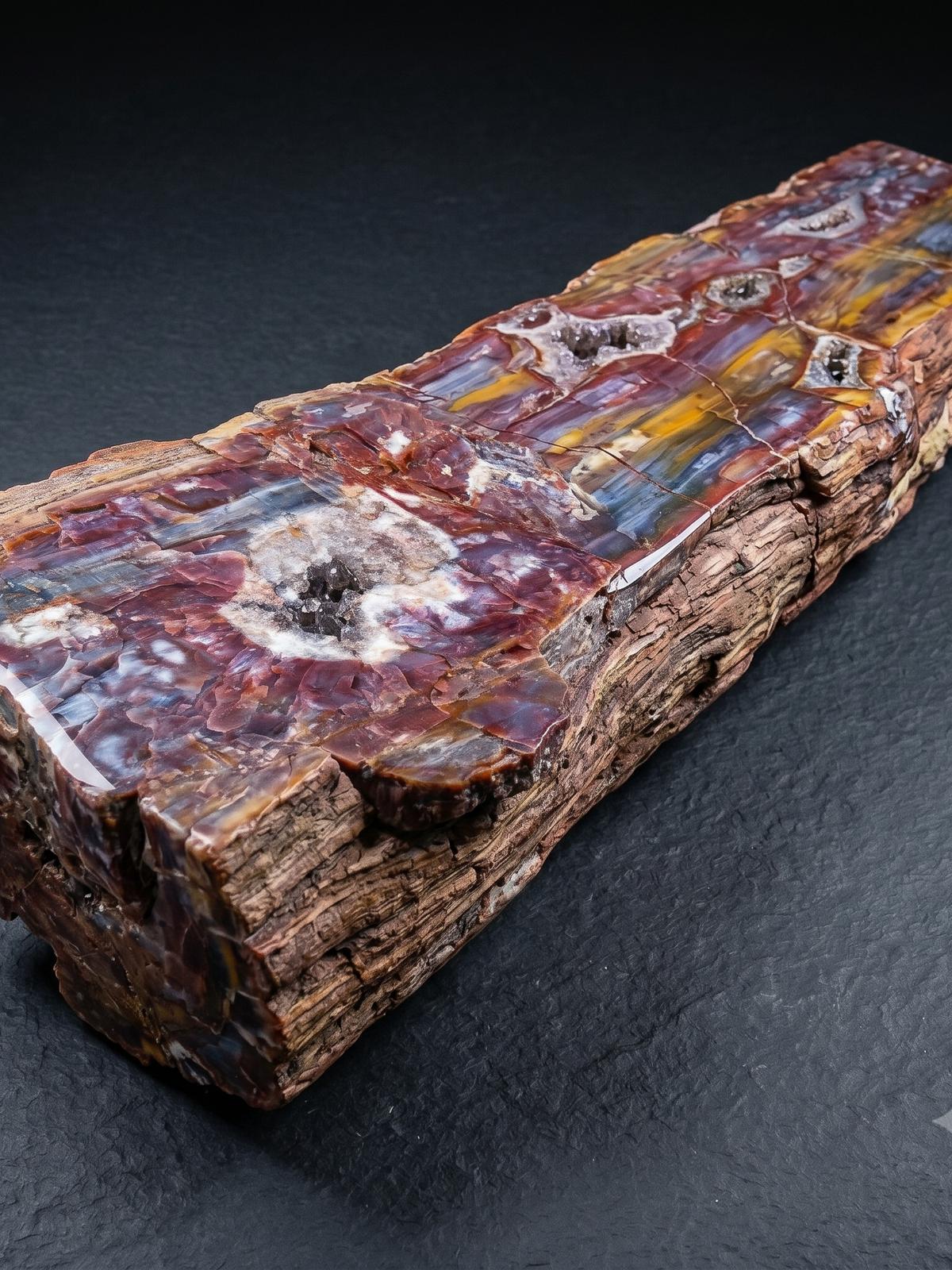 Full petrified wood log section, bark exterior and vivid interior